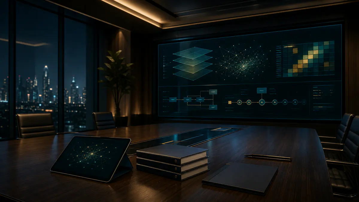 ห้องประชุมผู้บริหารพร้อมหน้าจอวิเคราะห์ AI governance และแผนความเสี่ยง