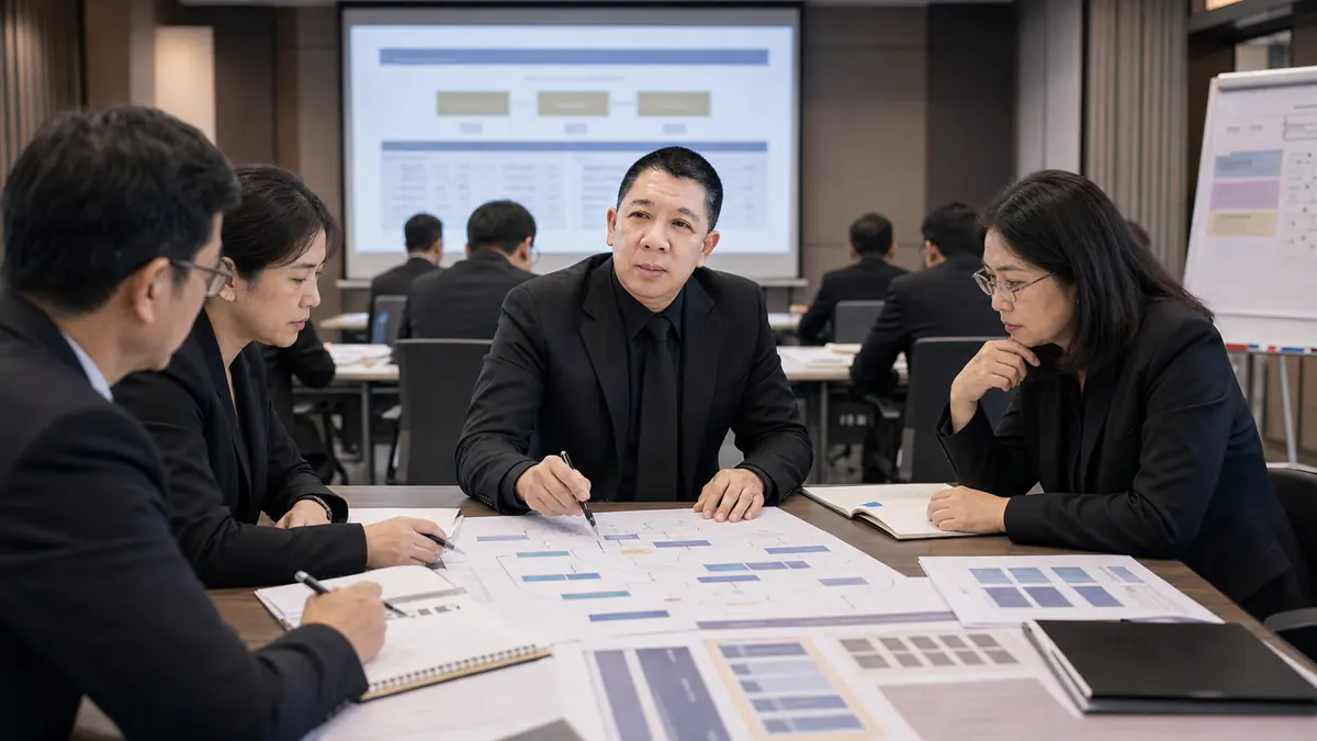 ผู้สอนไทยในห้องเรียนทางทหารกำลังทบทวน competency map และแผนการเรียนรู้