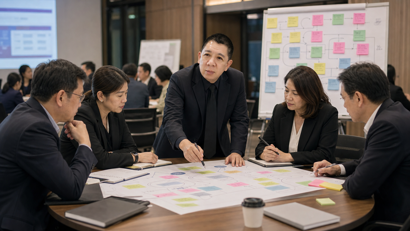 ทีมงานไทยในห้องฝึกอบรมกำลังวิเคราะห์แผนผังกระบวนการ CQI และการจัดการความรู้